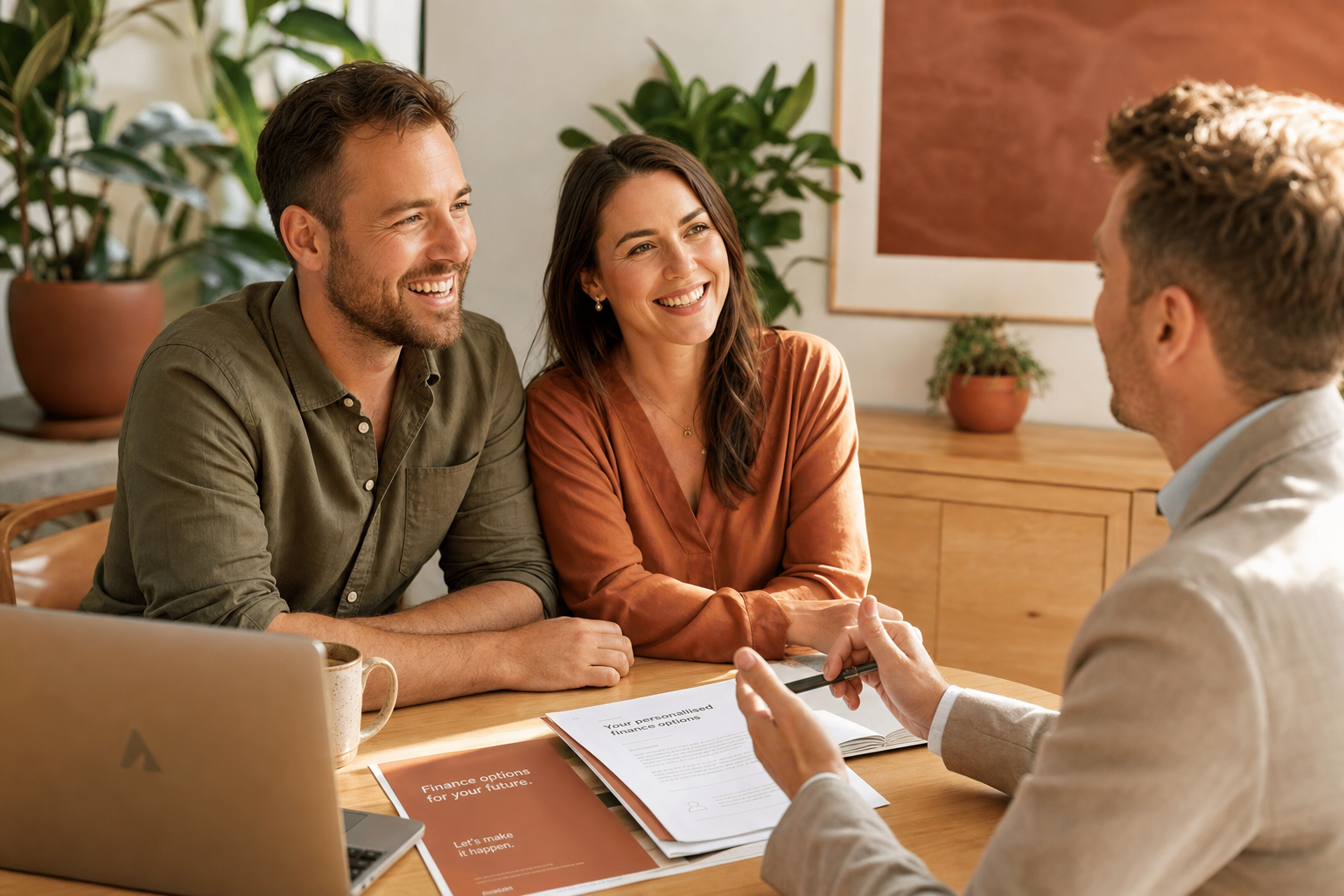 A friendly broker discussing finance options with happy clients